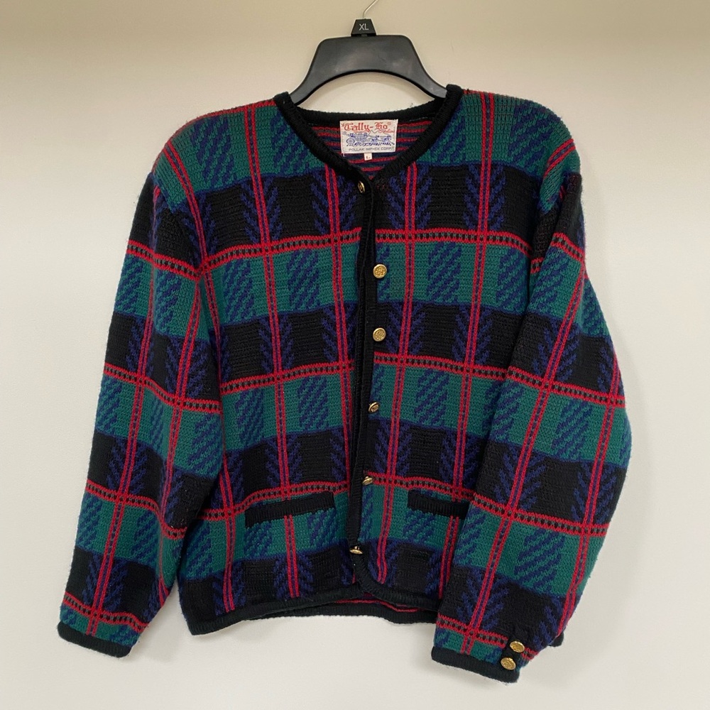 Vintage Tally Ho sweater cardigan L plaid green blue red black Vtg holiday